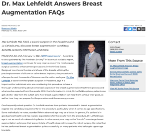 Pasadena plastic surgeon Max Lehfeldt, MD, FACS answers frequently asked questions about breast augmentation. 